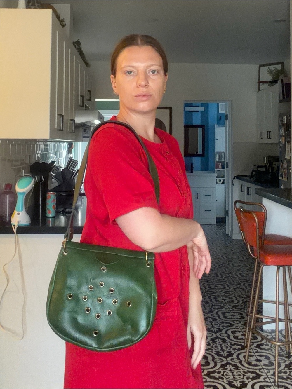 FREE with purchase! Vintage Green Leather Crossbody Bag with Eyelet Detail - Picture 10 of 14